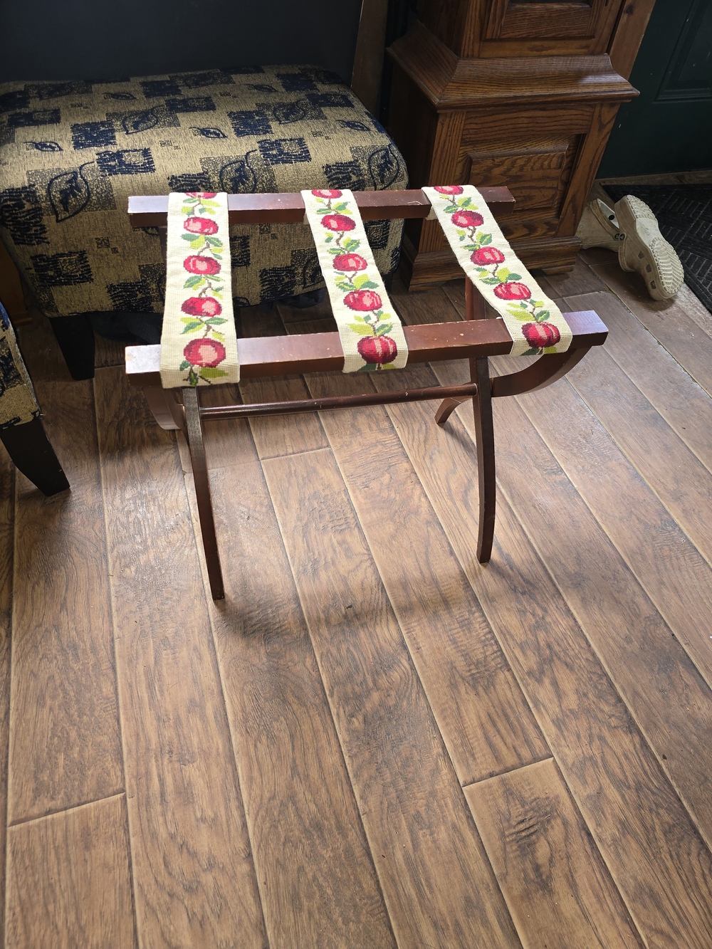 Vintage  Luggage Rack with Red Apple Needlepoint Straps